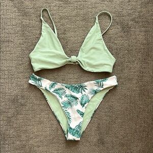 Green and White Leaf Print Bikini Set